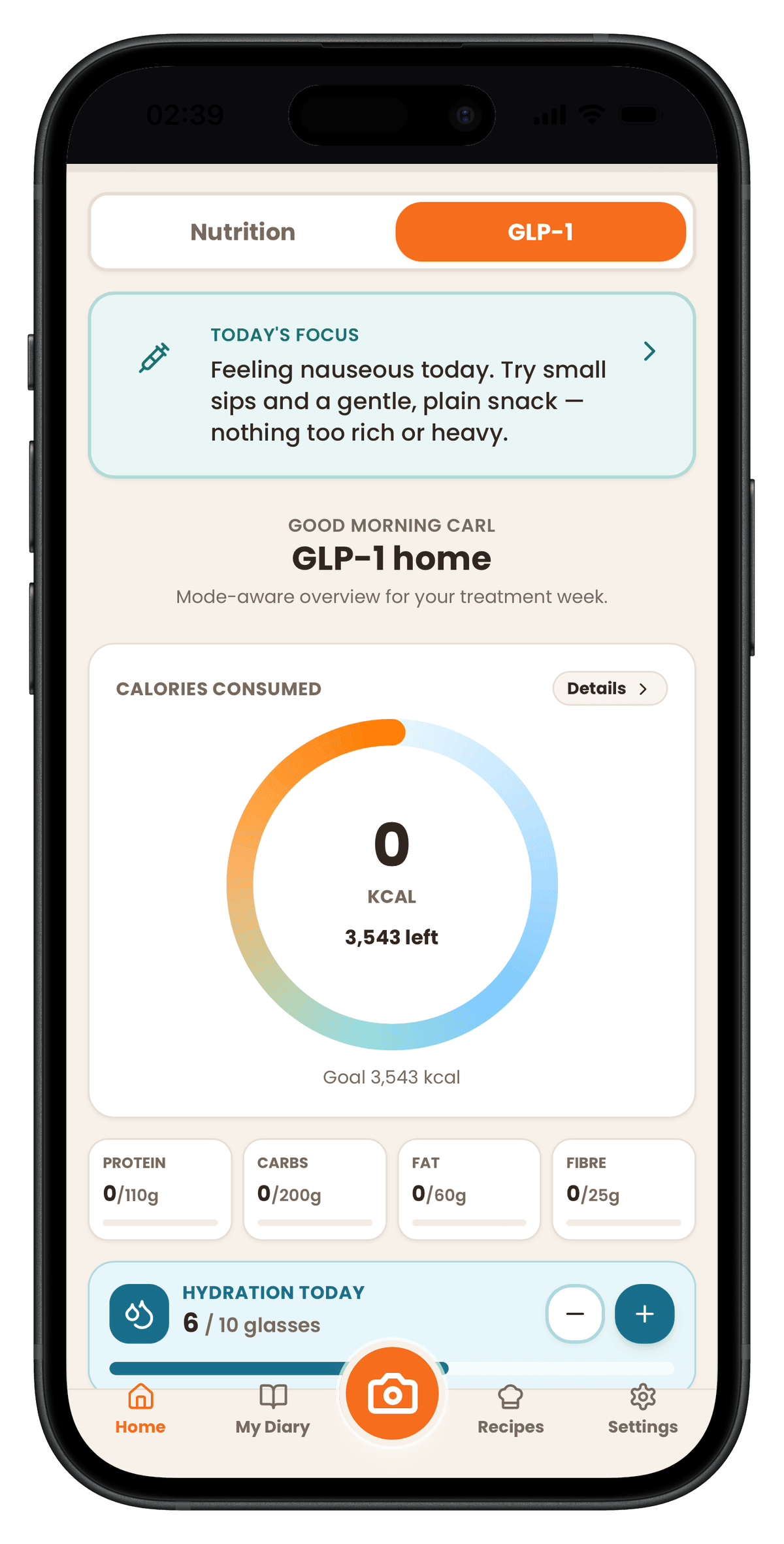 Sillynutrition app showing meal selection with Cobb Salad and Lunch filter